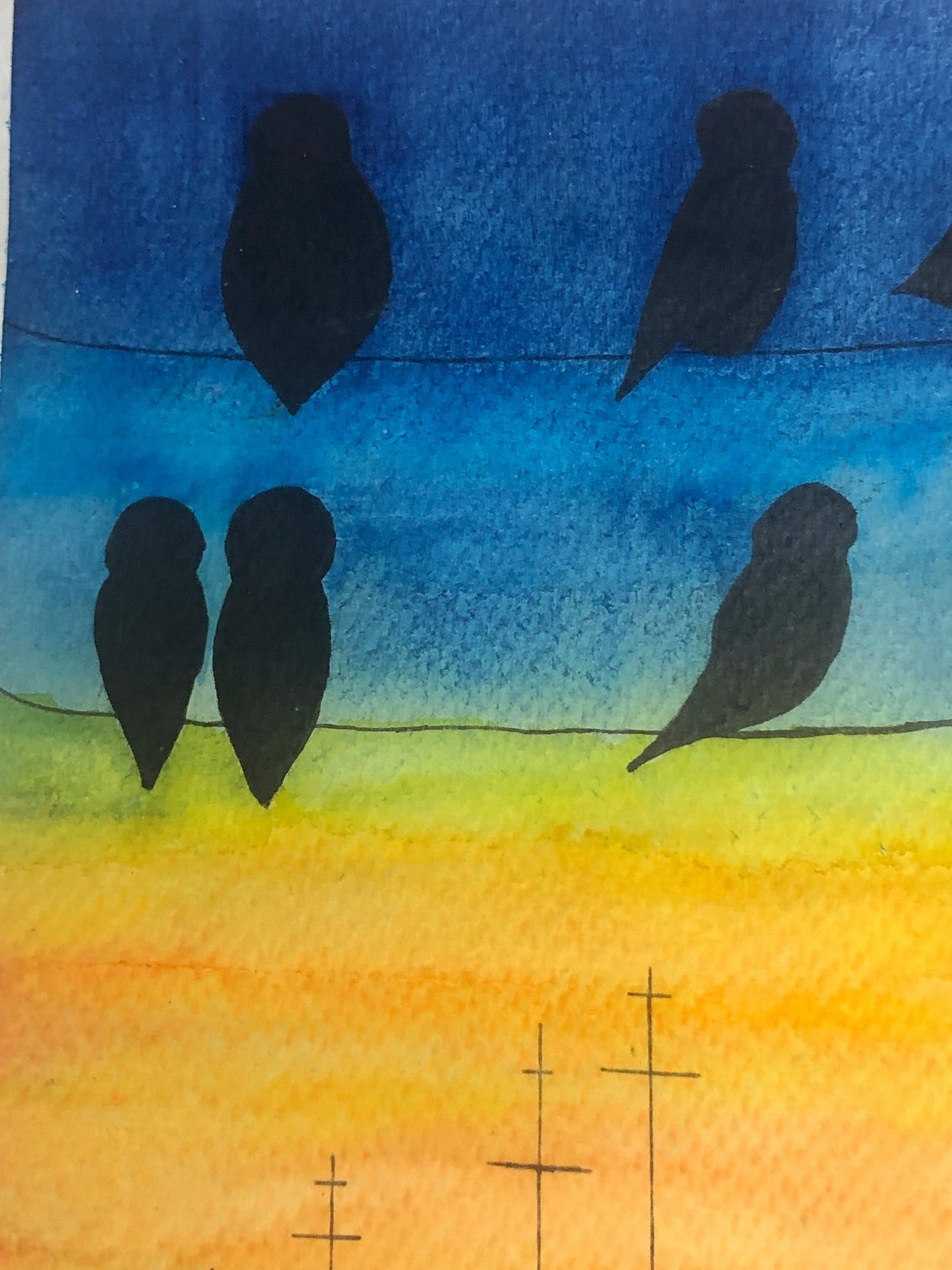Watercolour painting, birds on a wire,