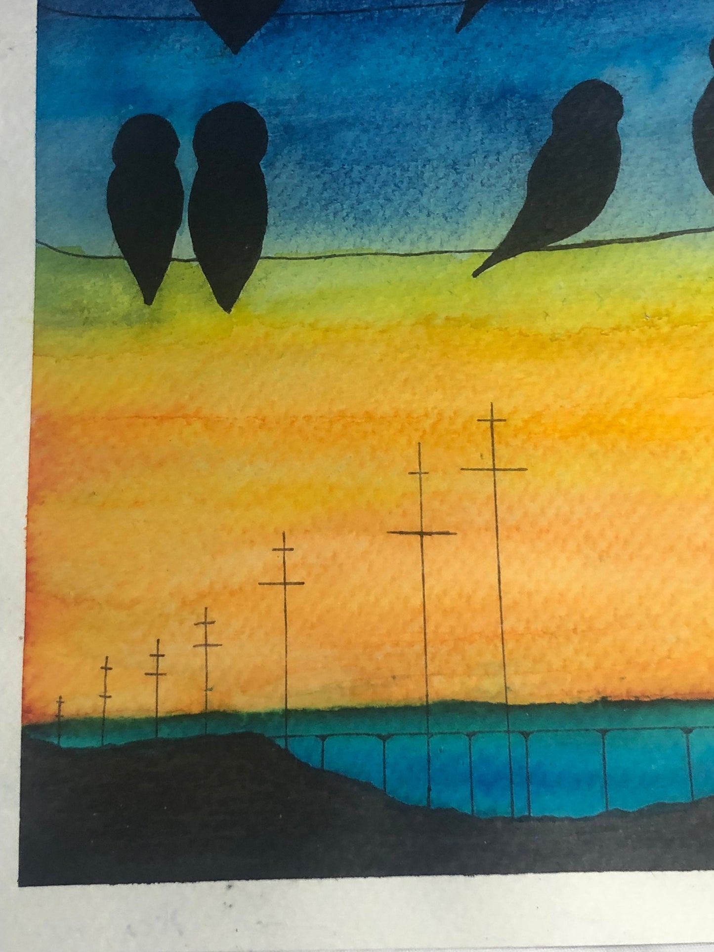Watercolour painting, birds on a wire,