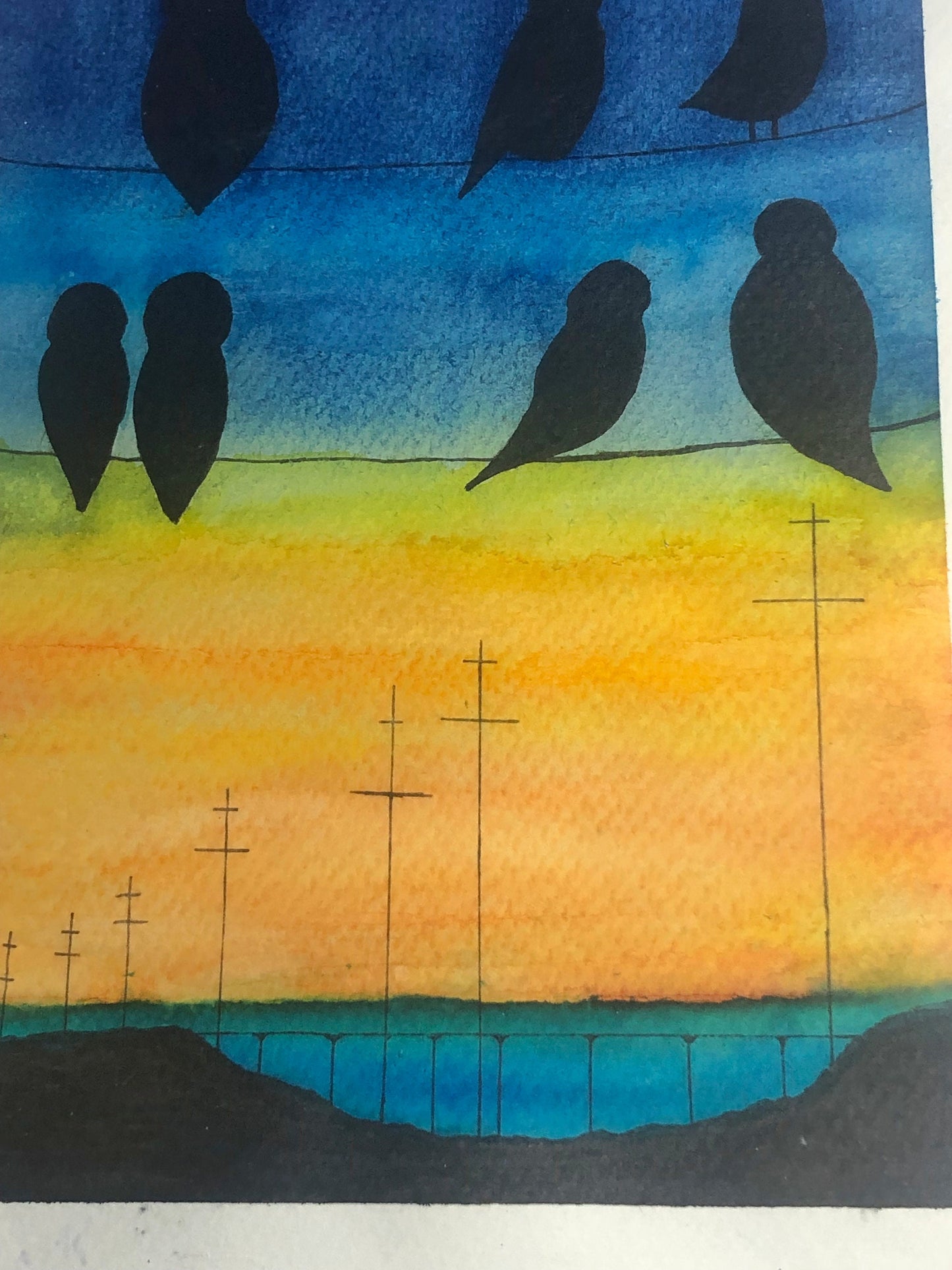 Watercolour painting, birds on a wire,