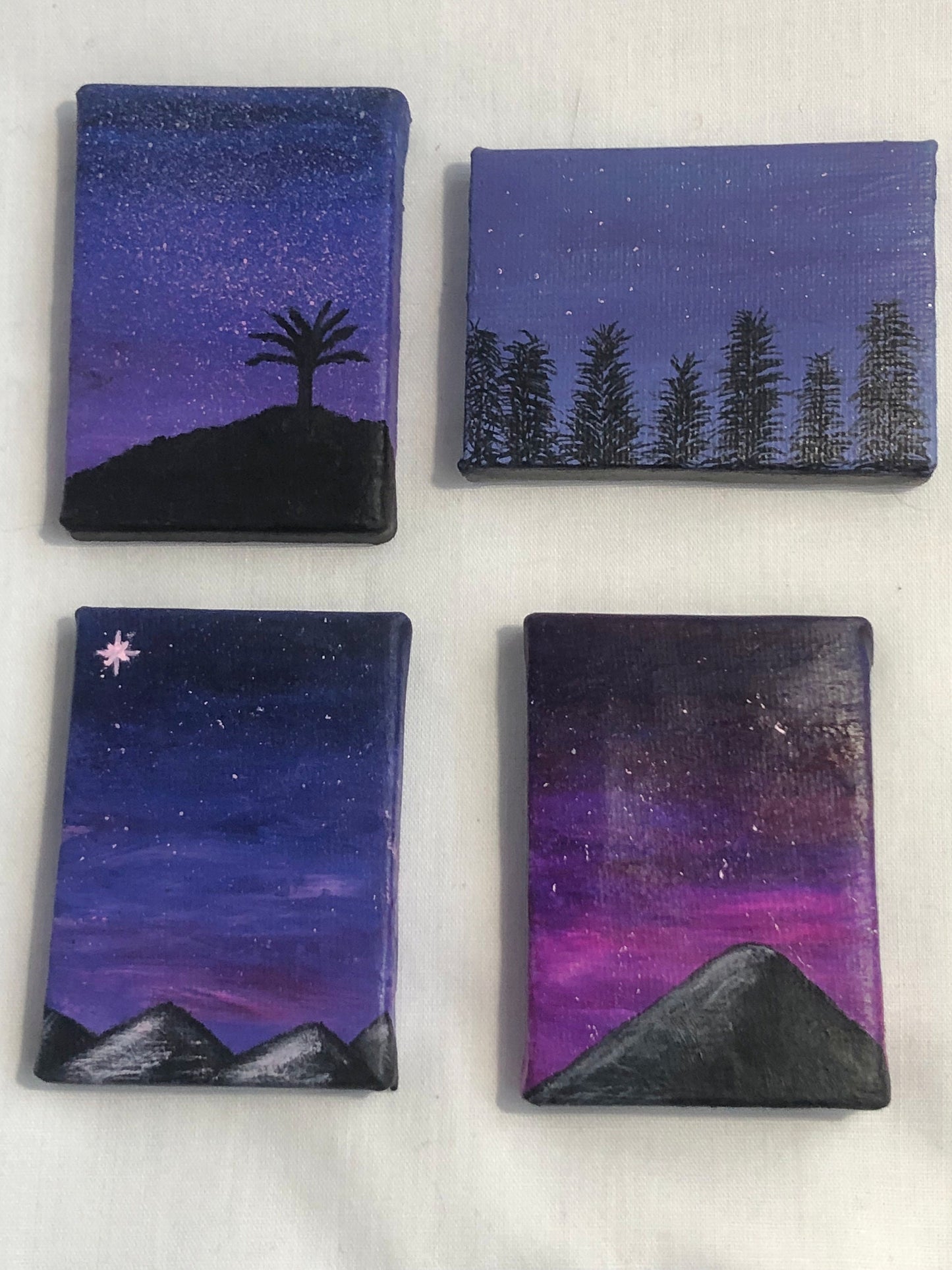 Set of four mini paintings, mountain paintings, acrylic original paintings