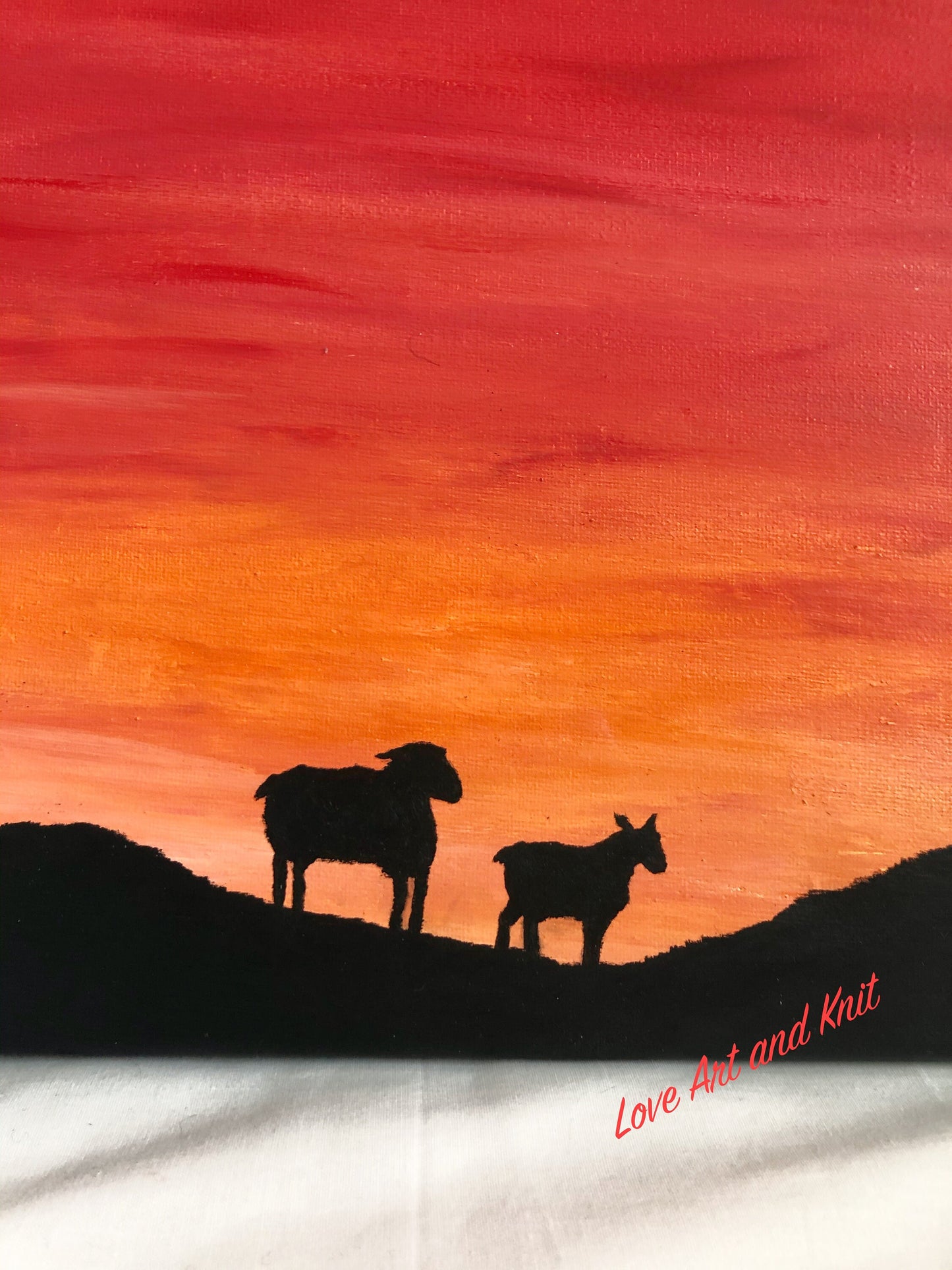 sunset painting, sheep painting