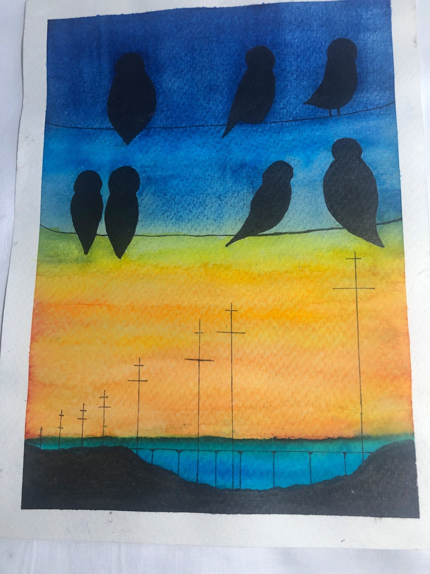 Watercolour painting, birds on a wire,