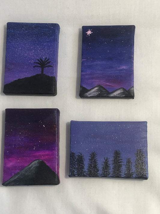 Set of four mini paintings, mountain paintings, acrylic original paintings