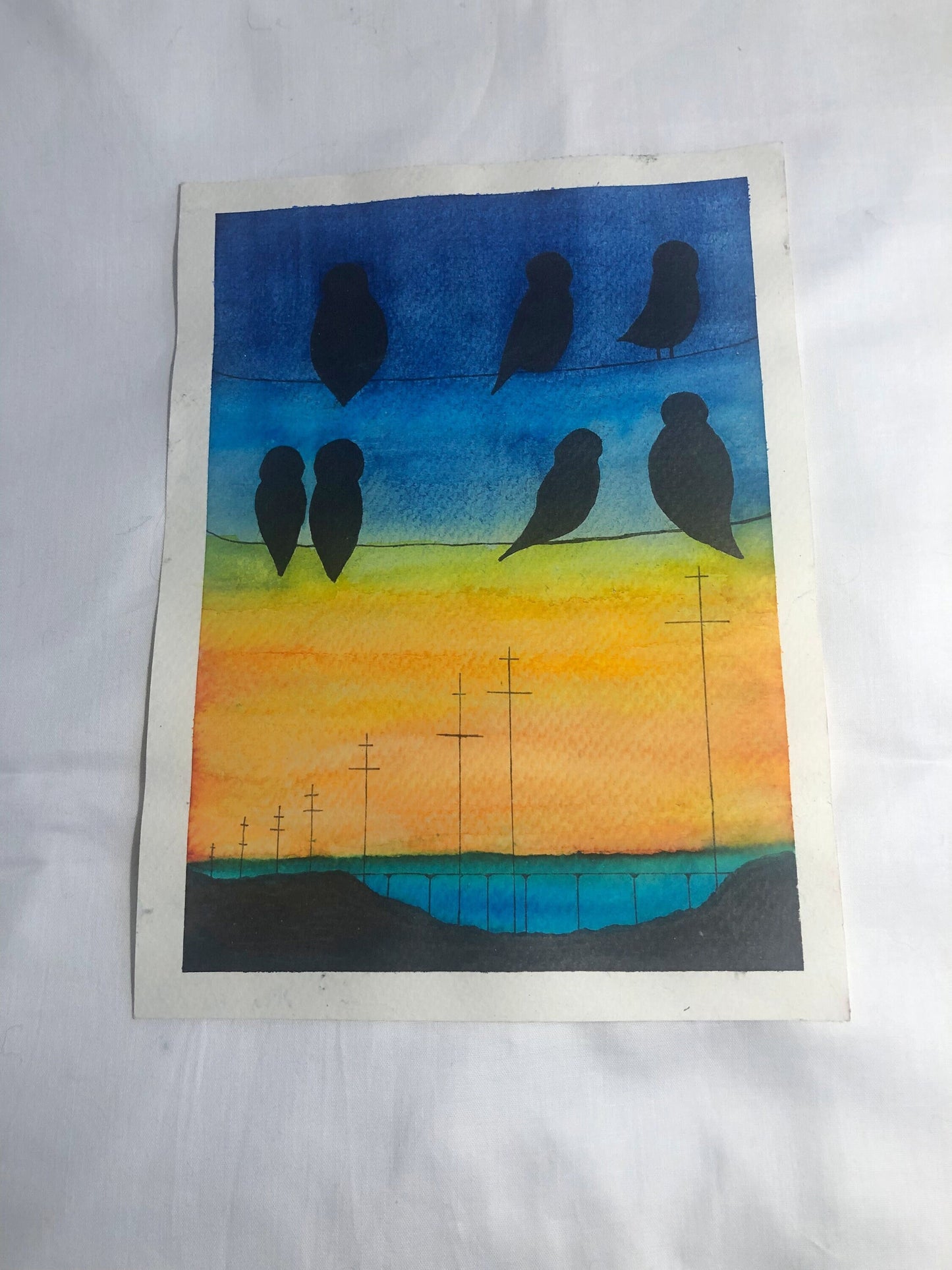 Watercolour painting, birds on a wire,