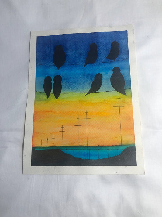 Watercolour painting, birds on a wire,