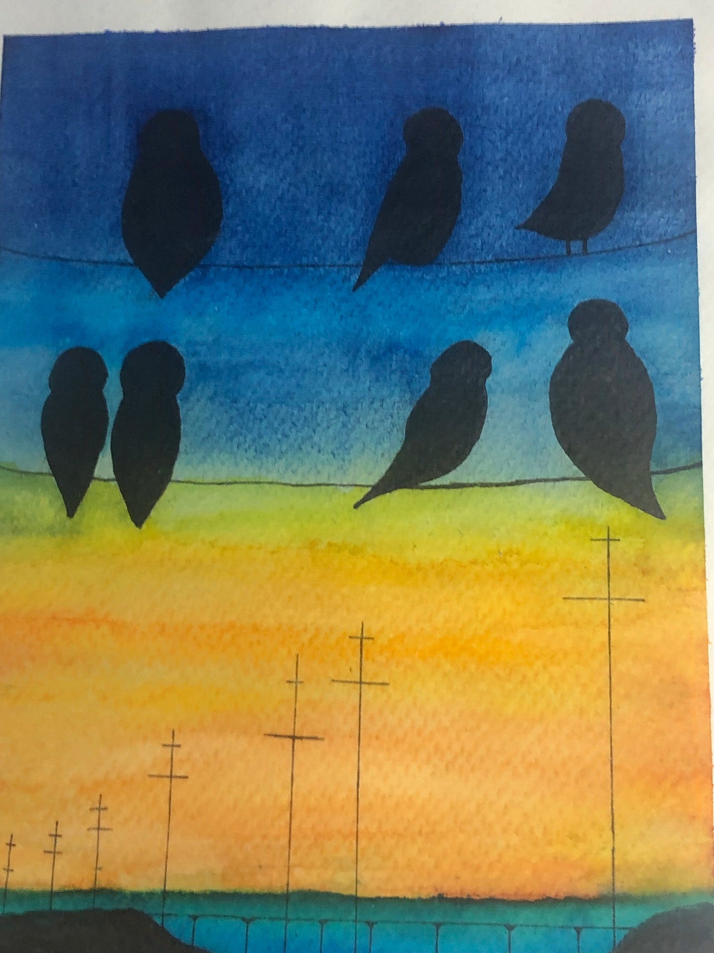 Watercolour painting, birds on a wire,