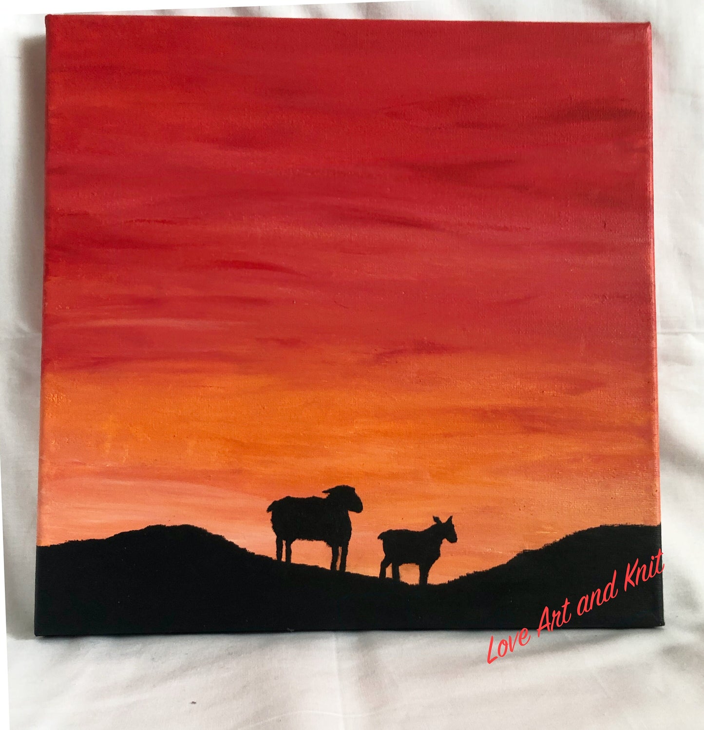 sunset painting, sheep painting