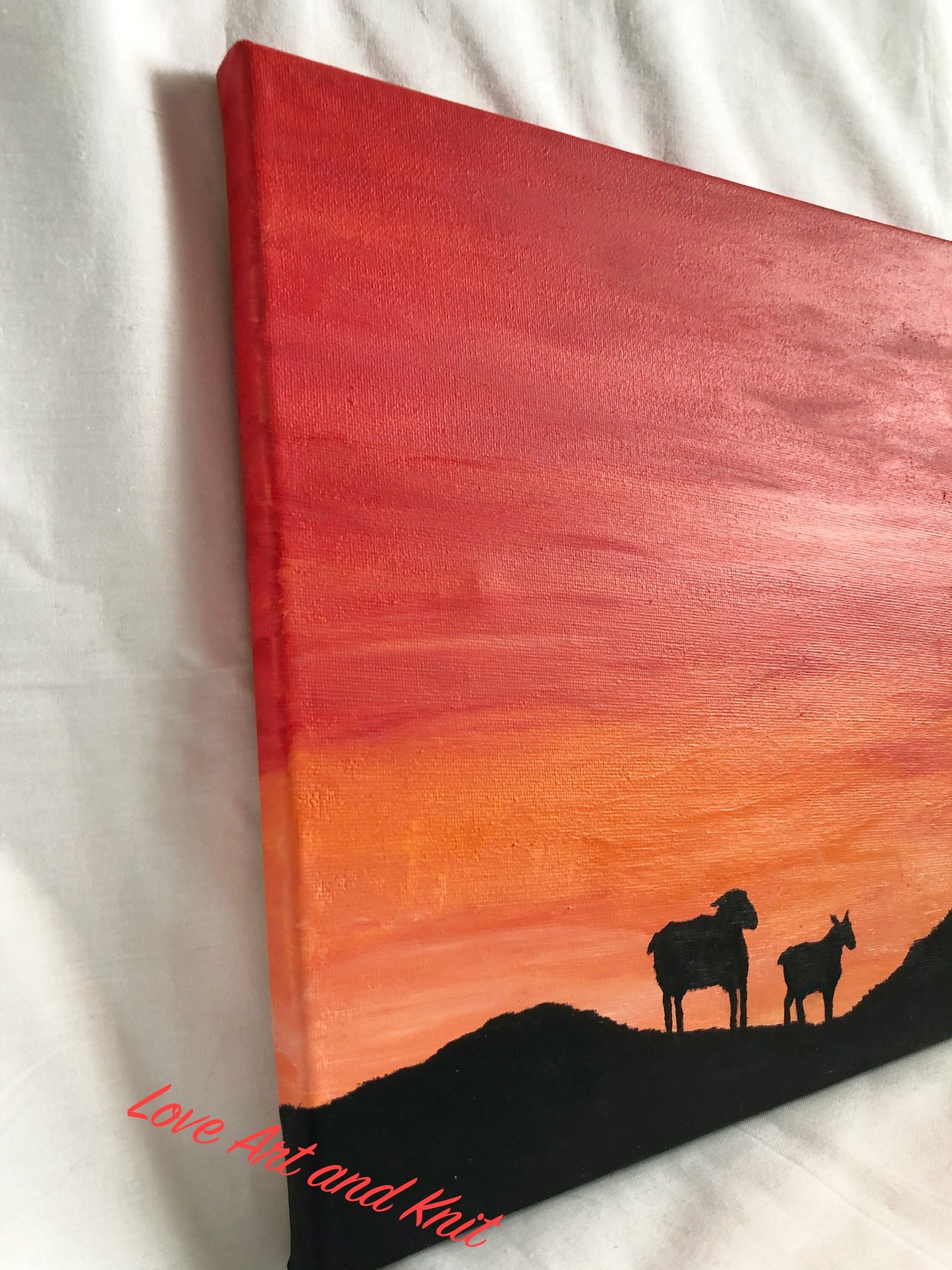 sunset painting, sheep painting