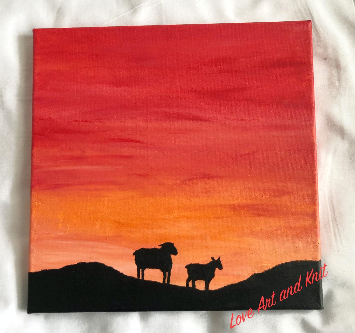 sunset painting, sheep painting